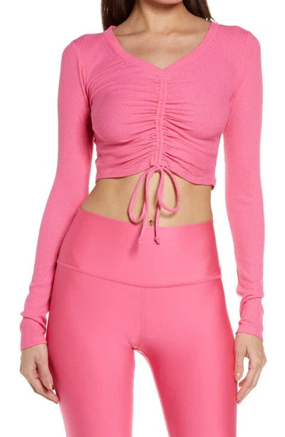 ALO YOGA Ribbed Cinch Cropped Long Sleeve Pink Fuchsia | N-Hype