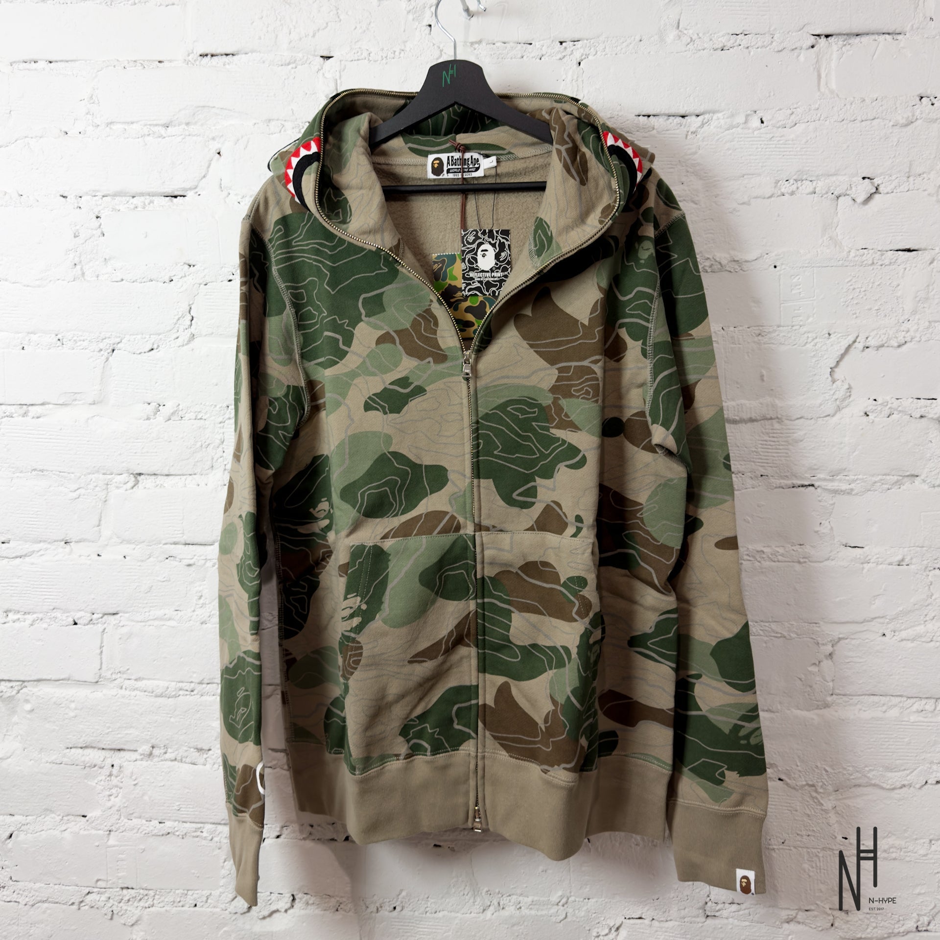 BAPE Layered Line Camo Shark Full Zip Hoodie Beige | N-Hype