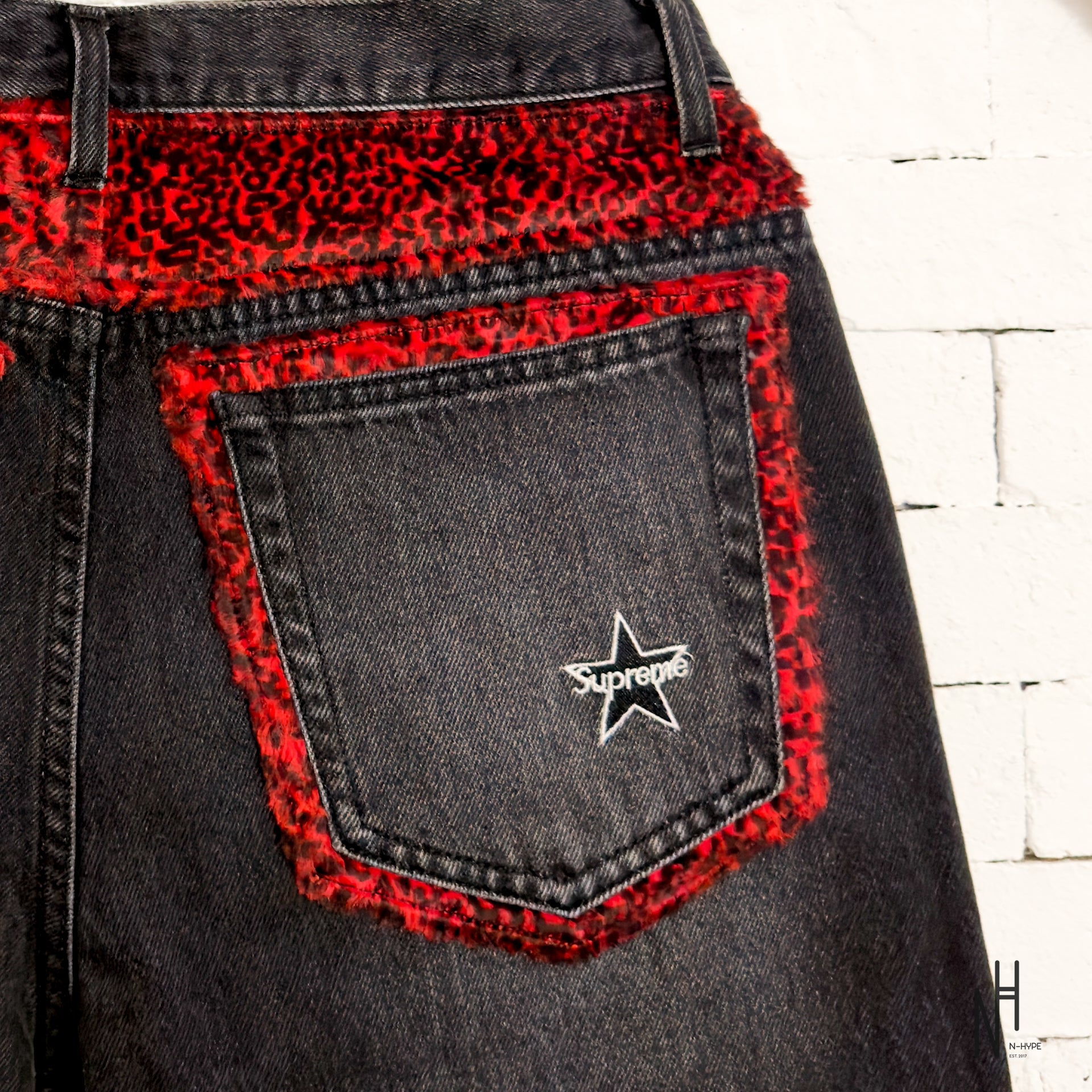 Supreme Leopard Faux Fur Loose Fit Washed Black Jeans | N-Hype