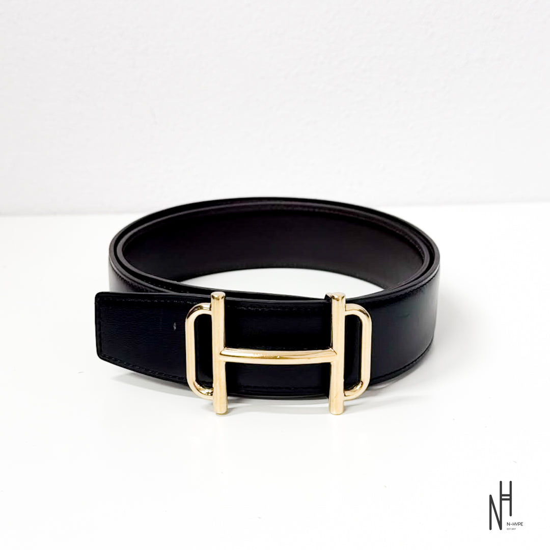 Hermés H Buckle Leather Belt Black Gold