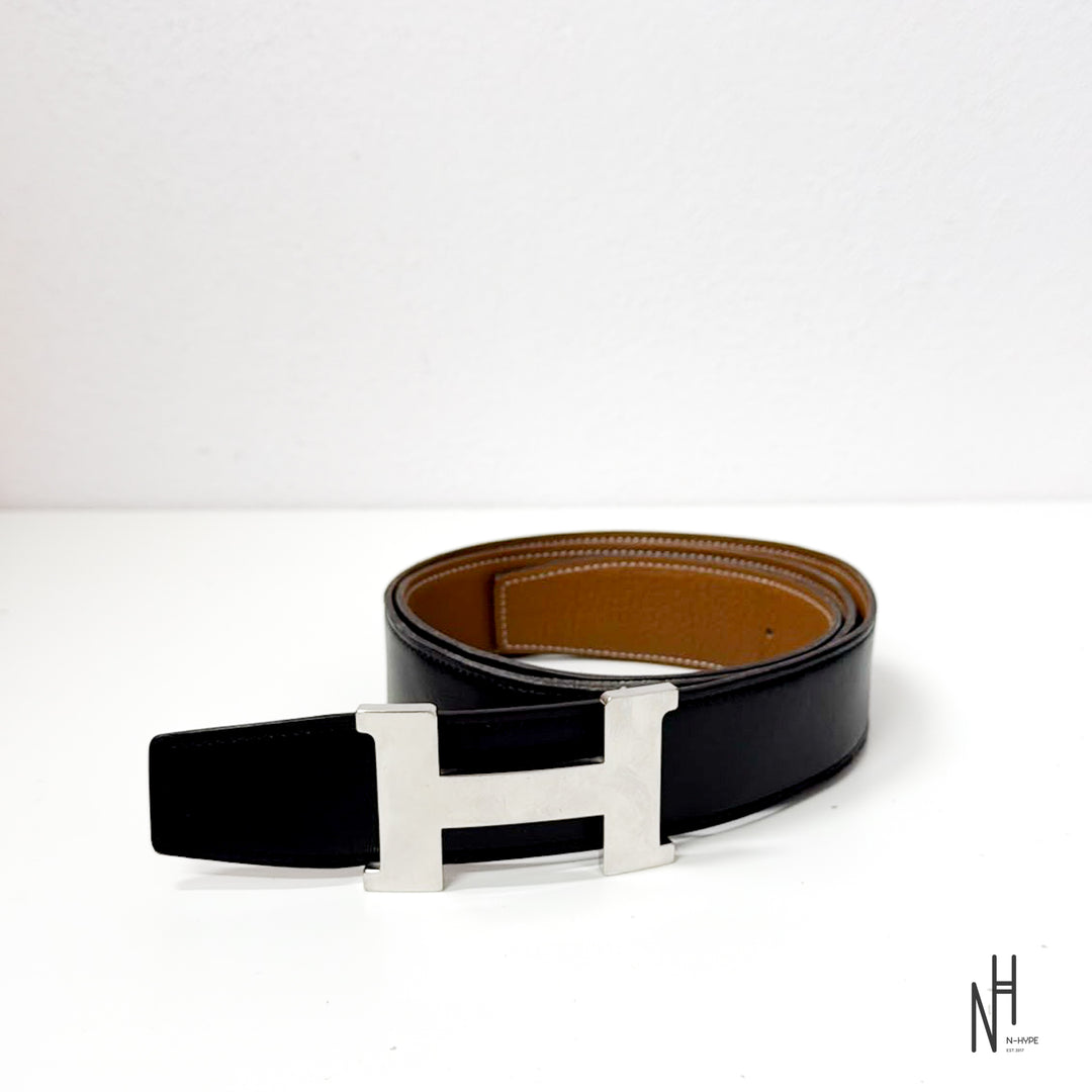 Hermès H Constance 32mm Palladium Reversible Belt Black Gold