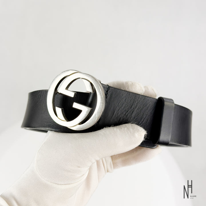Gucci Black Leather Belt 40 mm with Interlocking G Buckle / Palladium Finish