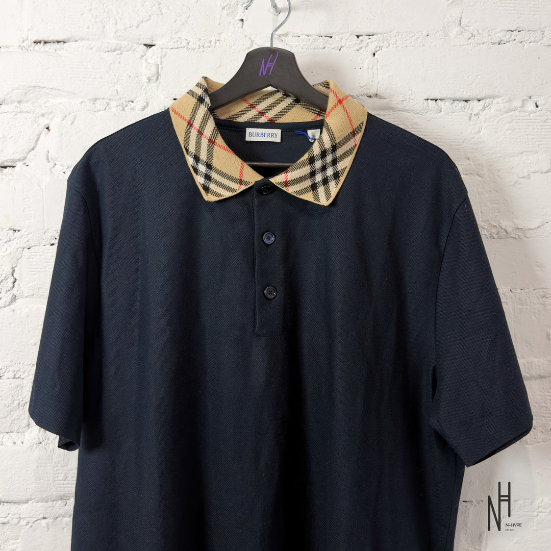 Burberry Polo Shirt With Check Collar Navy