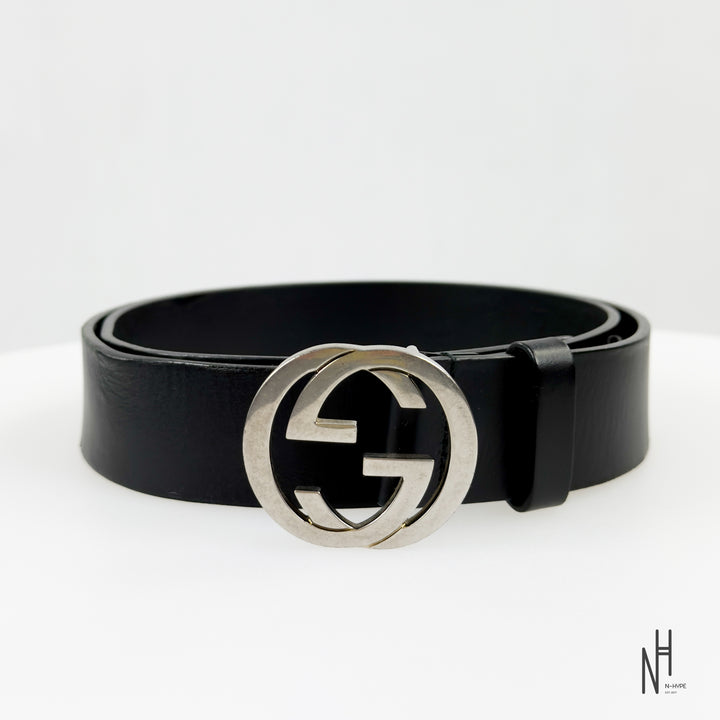 Gucci Black Leather Belt 40 mm with Interlocking G Buckle / Palladium Finish
