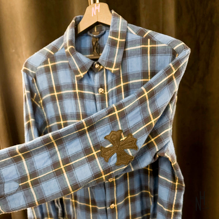 Chrome Hearts Cross Patched Flannel Shirt checkered blue