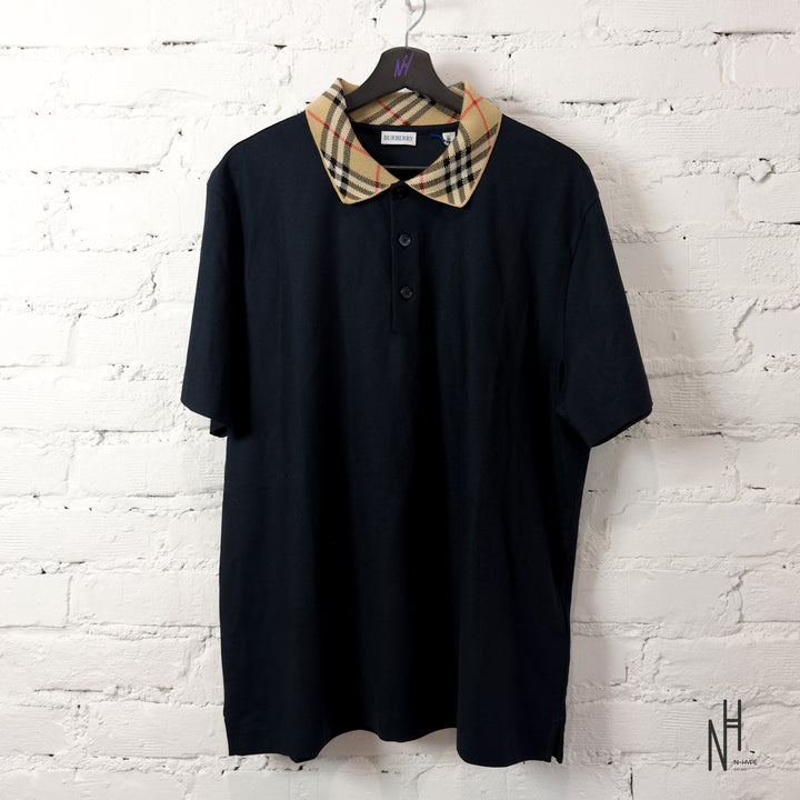 Burberry Polo Shirt With Check Collar Navy