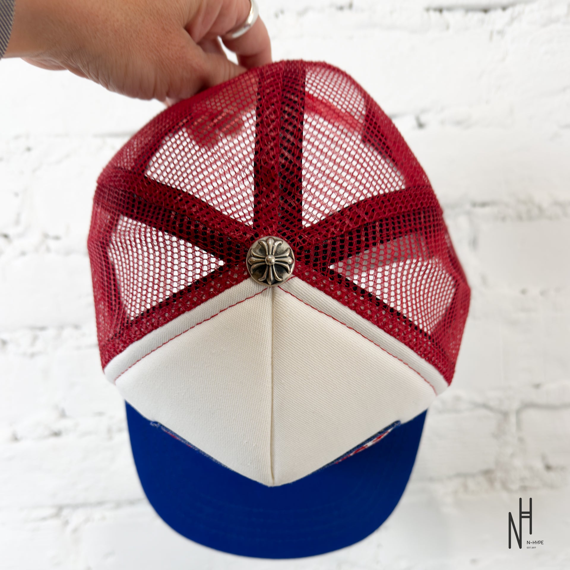 Chrome Hearts CH Hollywood Trucker Hat White/Red/Blue | N-Hype Chrome Hearts CH Hollywood Trucker Hat White/Red/Blue | N-Hype