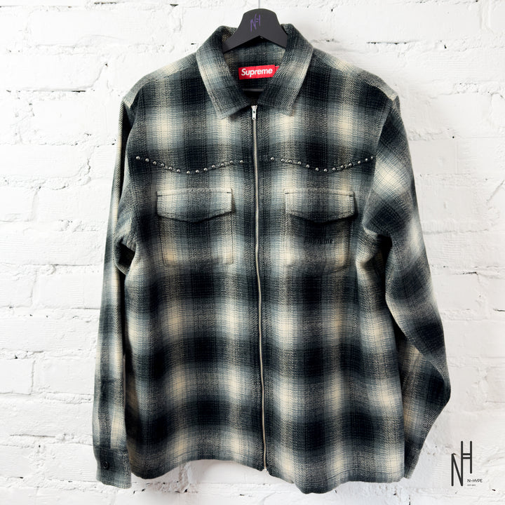 Supreme Studded Shadow Plaid Zip Up Shirt Black