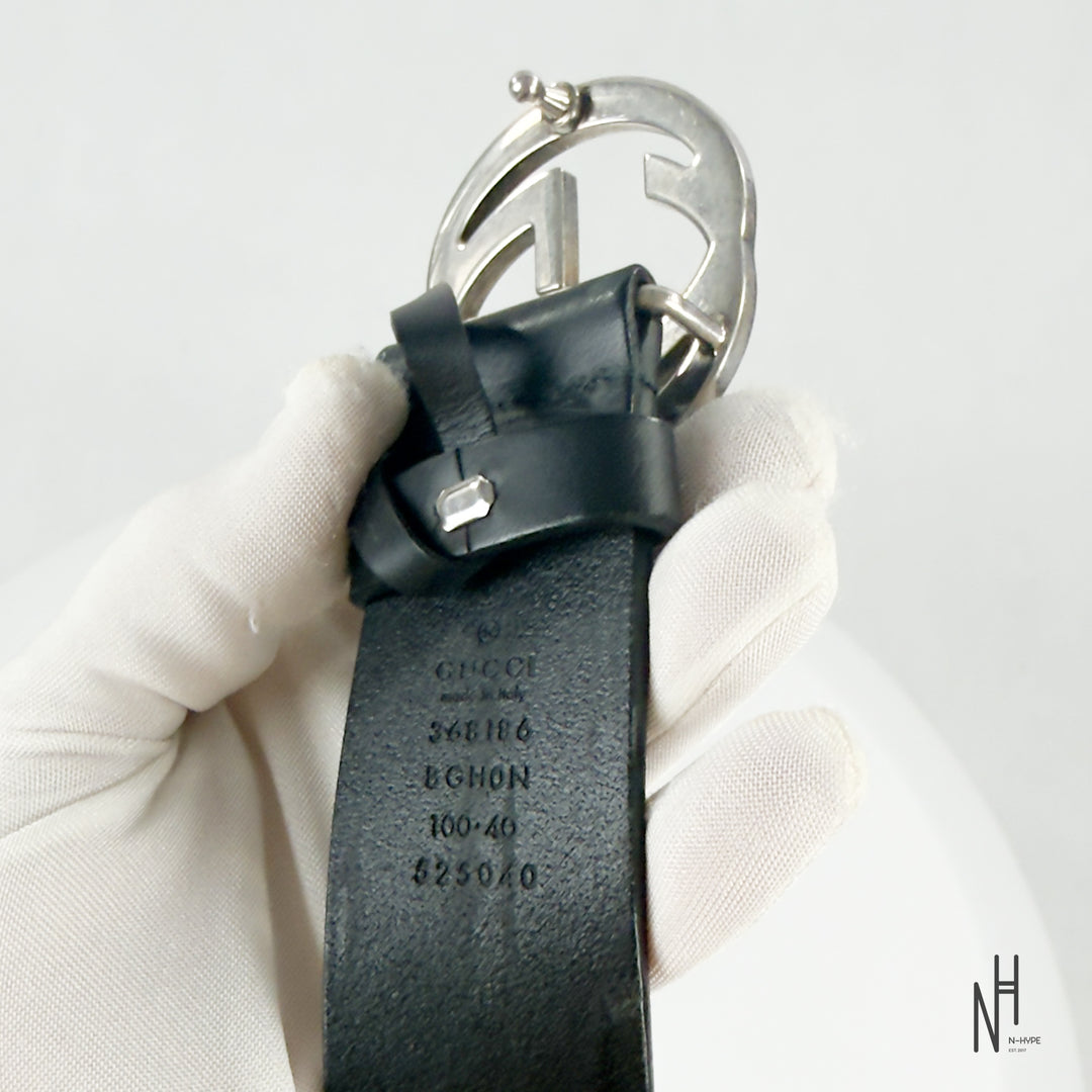 Gucci Black Leather Belt 40 mm with Interlocking G Buckle / Palladium Finish