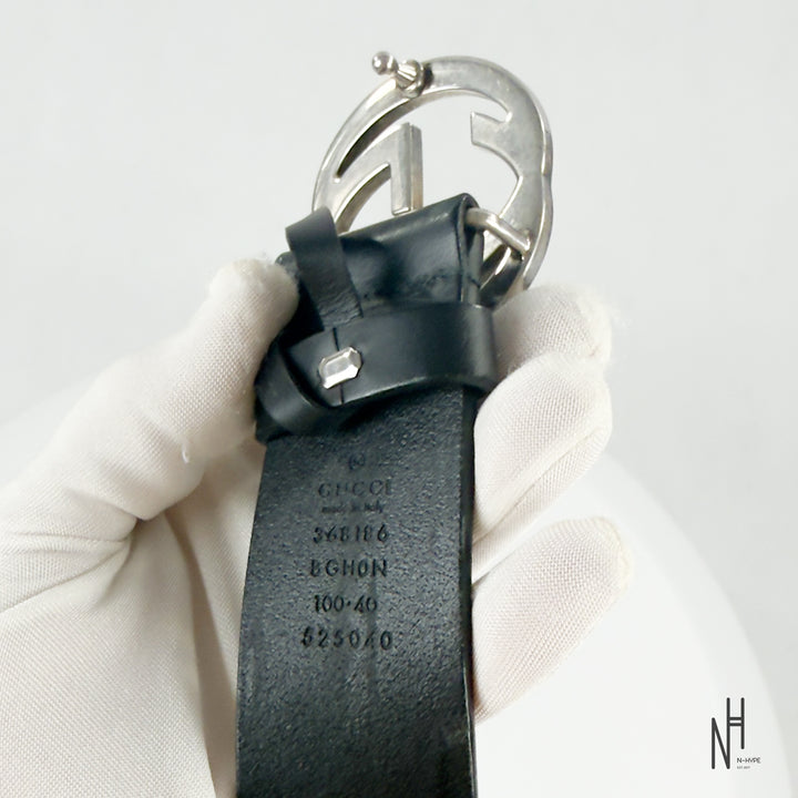 Gucci Black Leather Belt 40 mm with Interlocking G Buckle / Palladium Finish