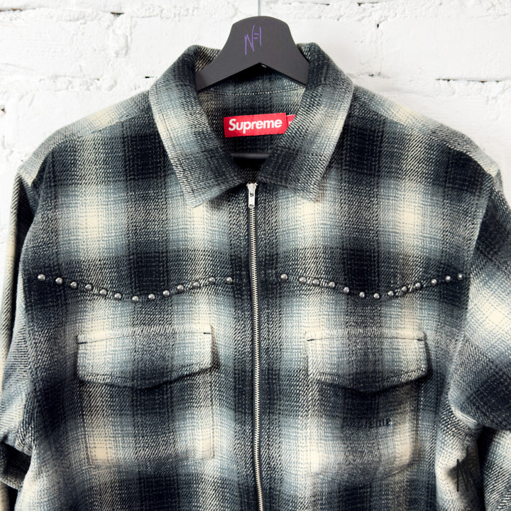 Supreme Studded Shadow Plaid Zip Up Shirt Black