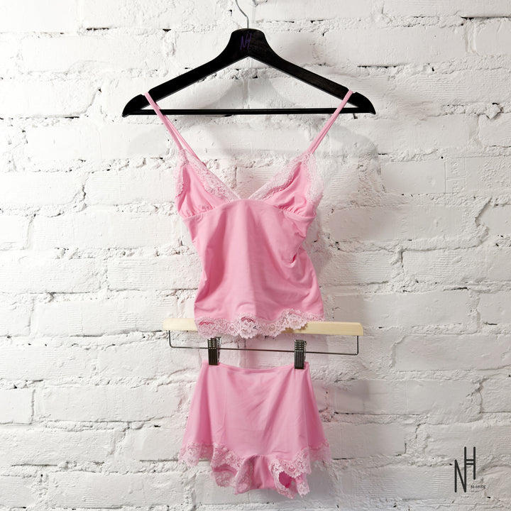 SKIMS Fits Everybody Lace Triangle Cami and Boy Short Set Bubble Gum Tonal