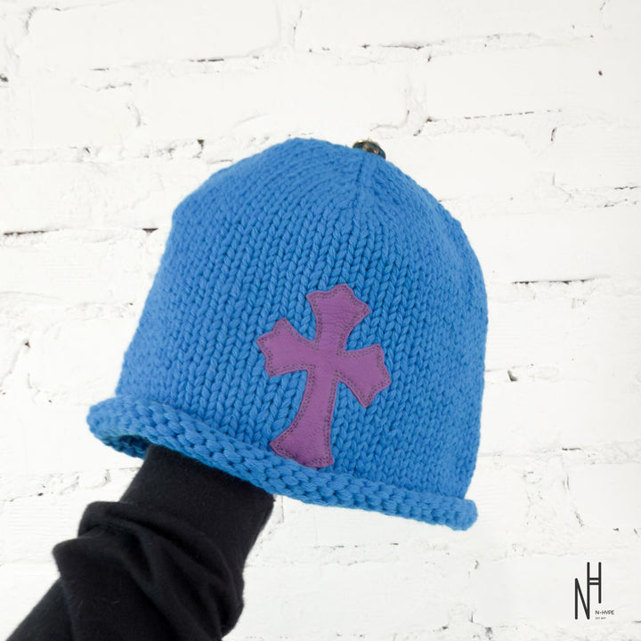 Chrome Hearts Purple Cemetery Cross Patch Cashmere Beanie Blue