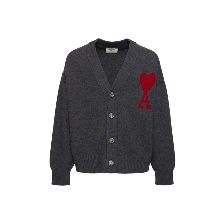 AMI Paris Logo Wool Knit Cardigan Grey