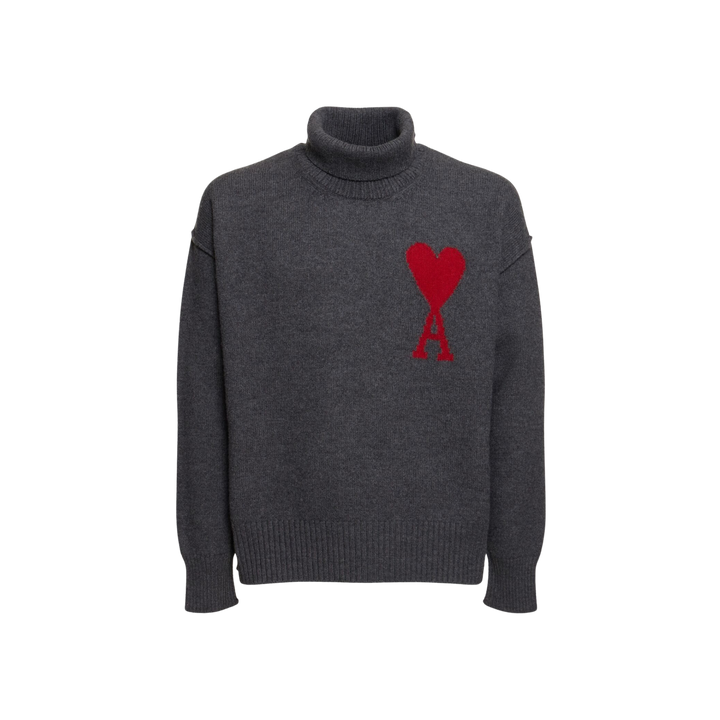 AMI Paris Logo Wool Turtleneck Sweater Grey