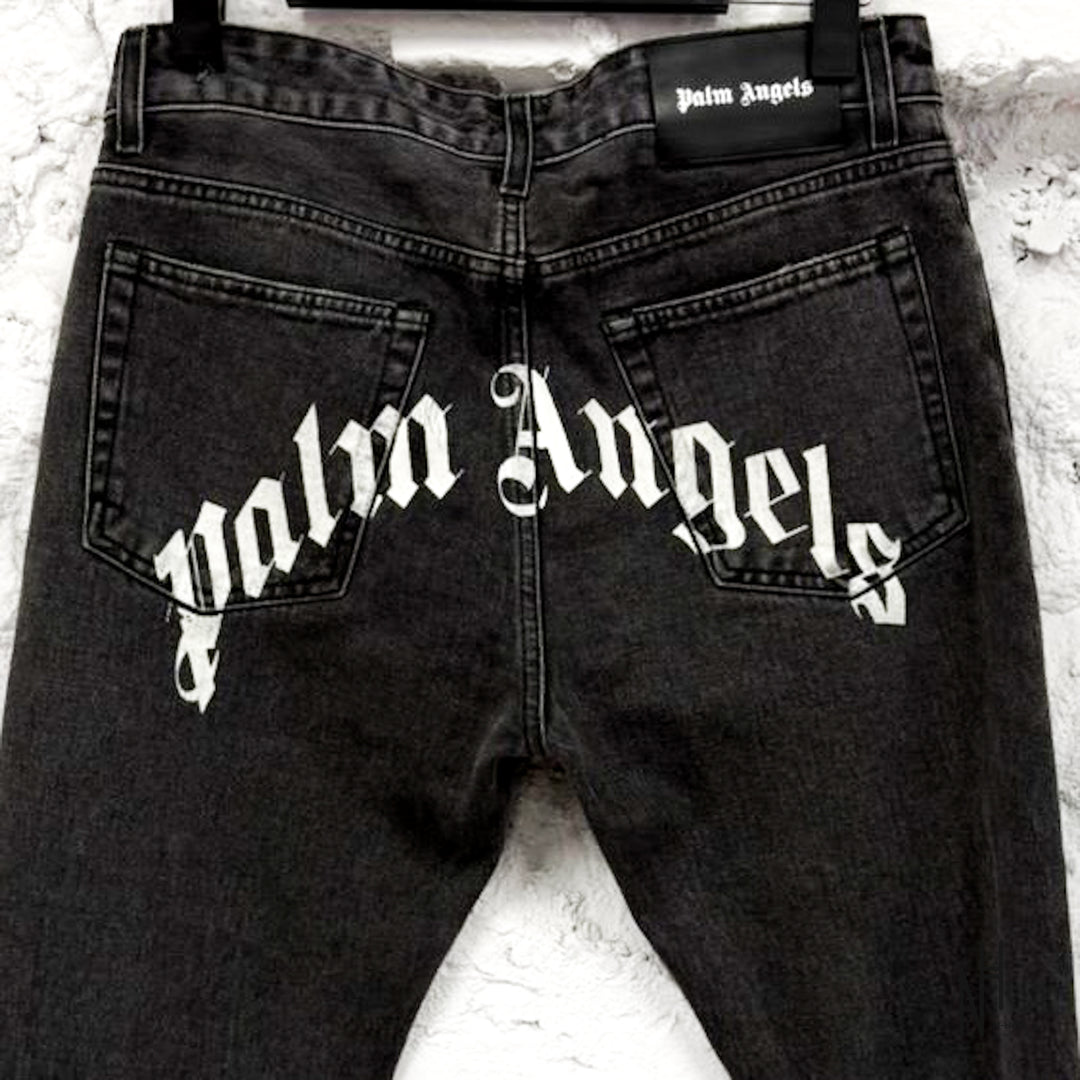 Palm Angels Black Logo Print Straight Leg Jeans
