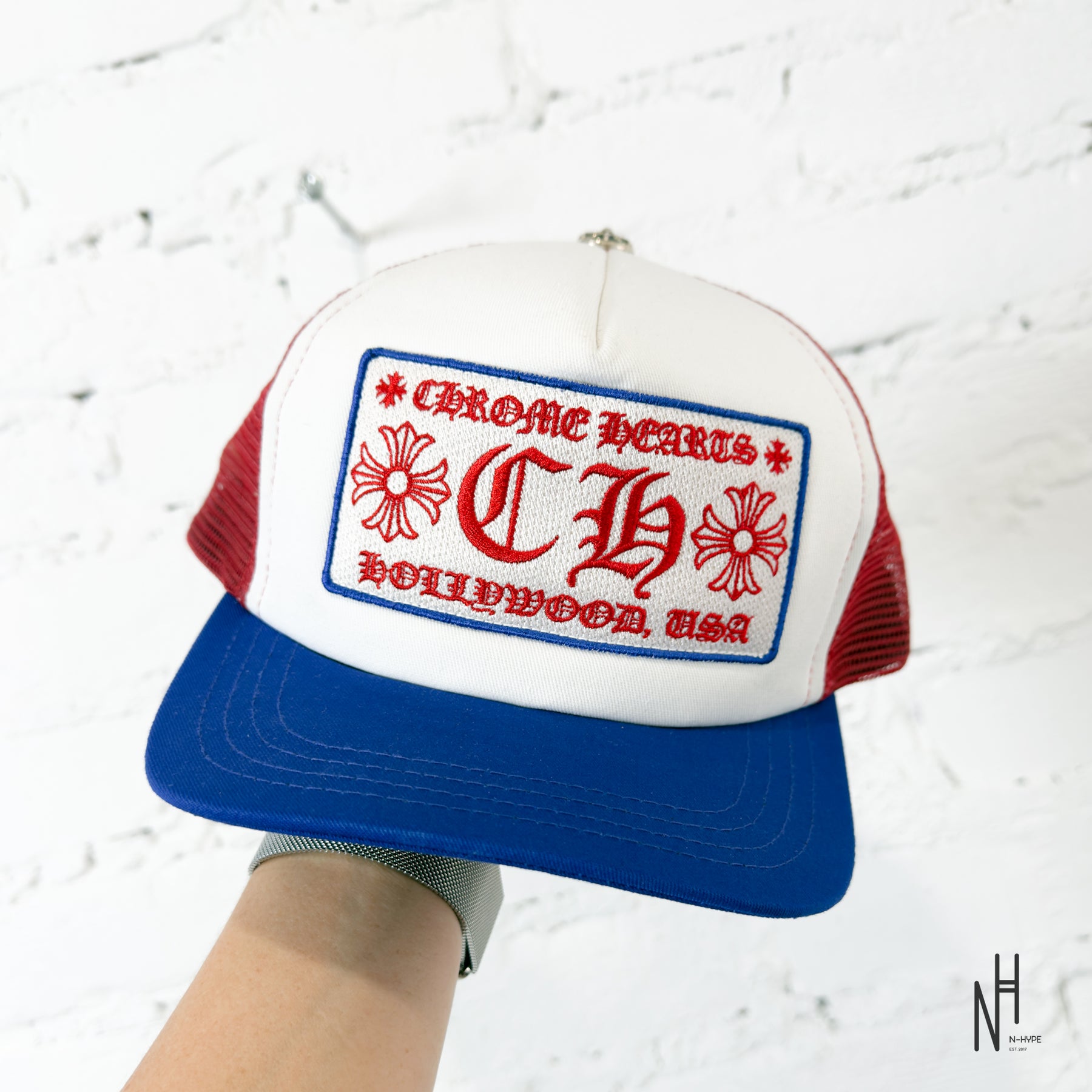 Chrome Hearts CH Hollywood Trucker Hat White/Red/Blue | N-Hype
