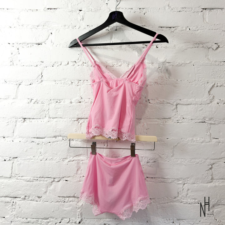 SKIMS Fits Everybody Lace Triangle Cami and Boy Short Set Bubble Gum Tonal