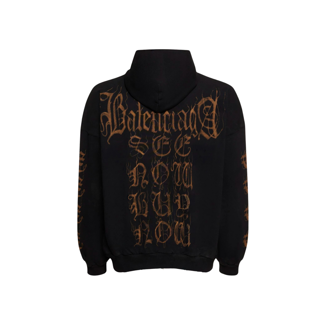 Balenciaga Printed Cotton Heavy Hoodie Black