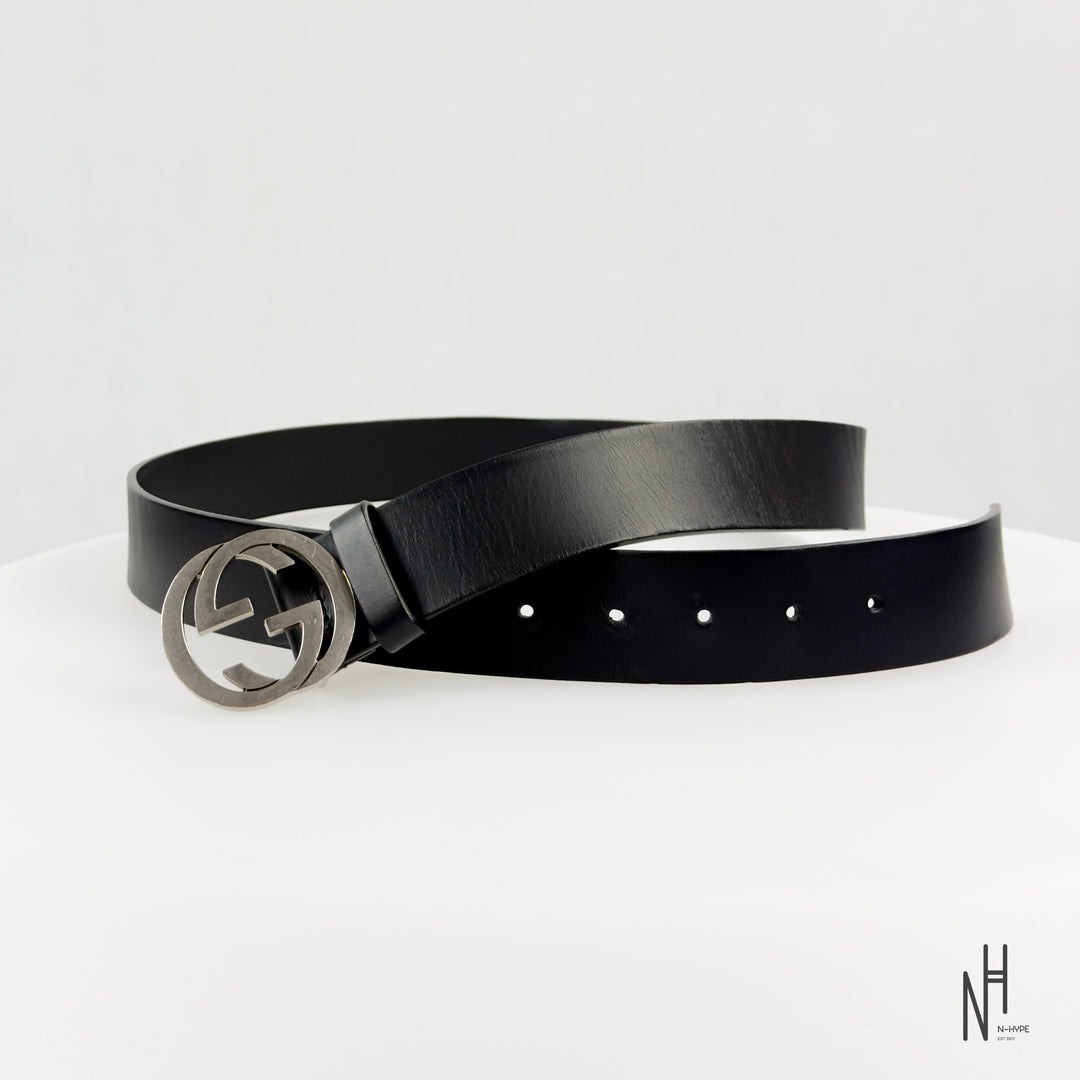 Gucci Black Leather Belt 40 mm with Interlocking G Buckle / Palladium Finish
