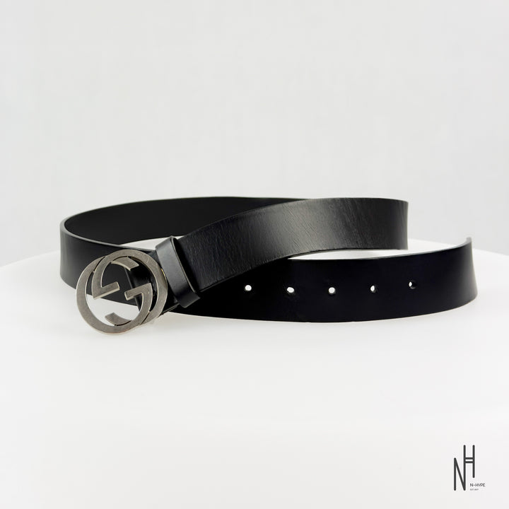 Gucci Black Leather Belt 40 mm with Interlocking G Buckle / Palladium Finish
