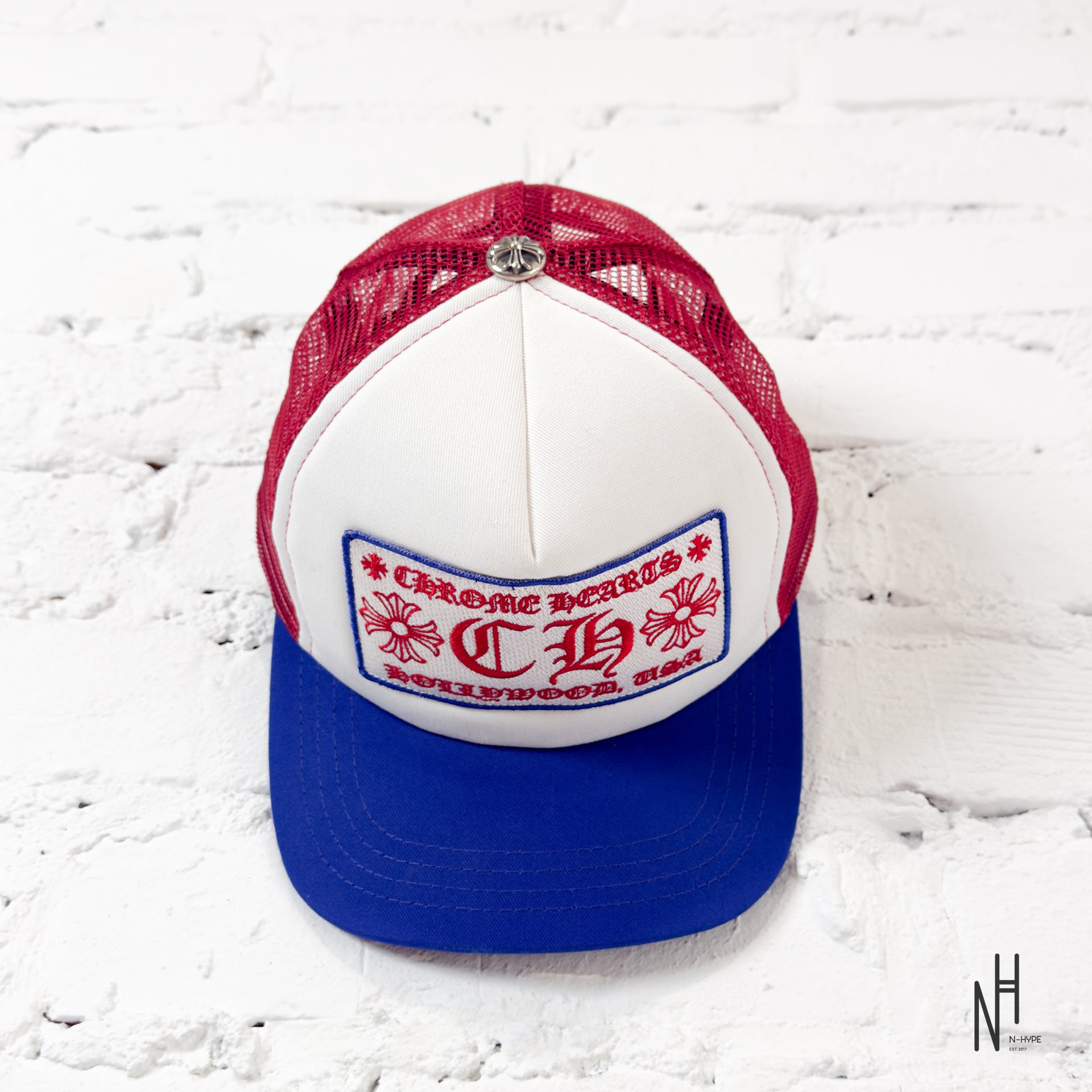 Chrome Hearts CH Hollywood Trucker Hat White/Red/Blue | N-Hype