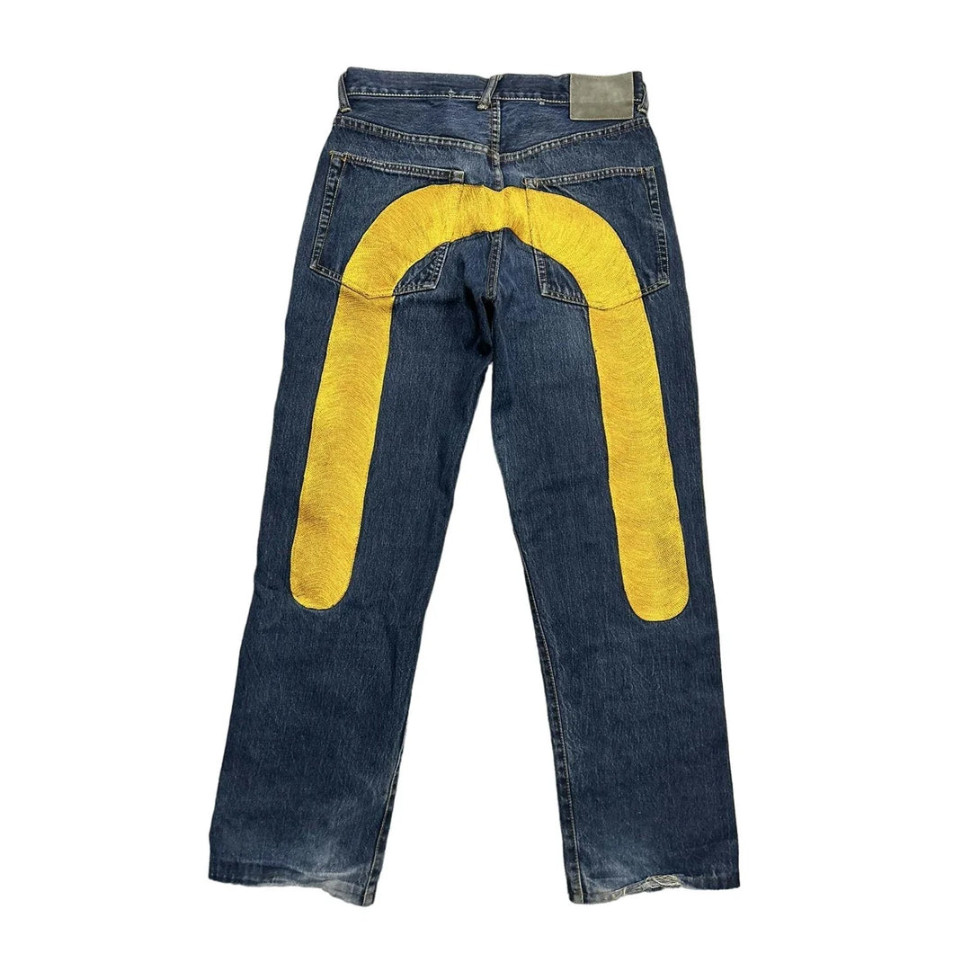 Evisu Jeans Daicock Big Logo Embroidery Yellow Vinntage Denim Lodz Polska tyl