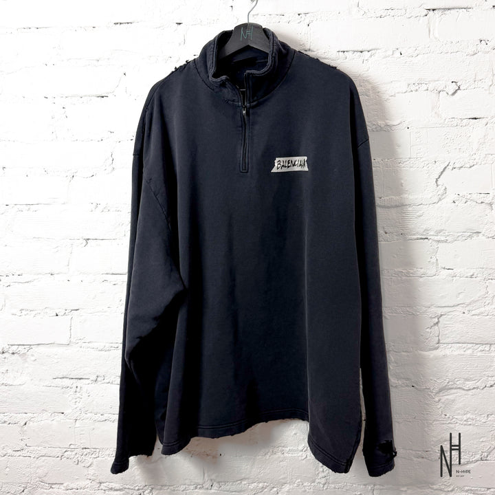 Balenciaga Distressed Zipped Sweatshirt Black