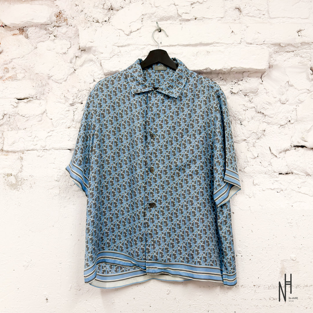Dior Oblique Short-Sleeved Silk Twill Shirt Blue