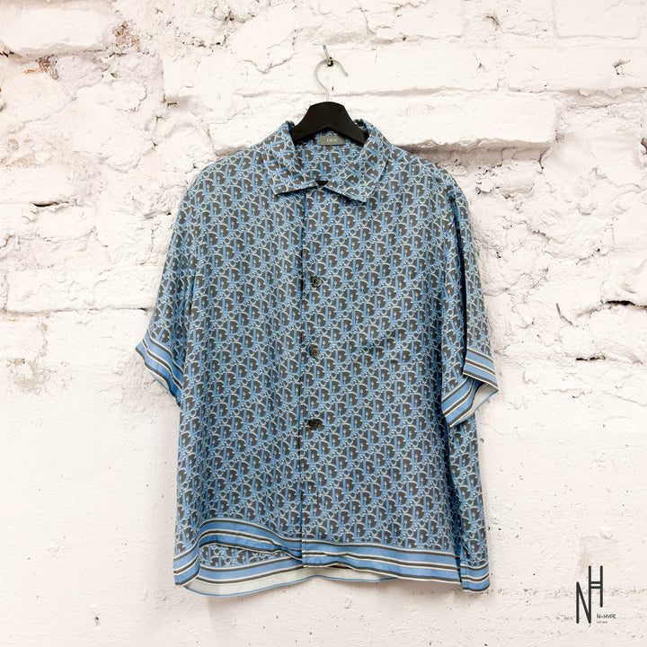 Dior Oblique Short-Sleeved Silk Twill Shirt Blue