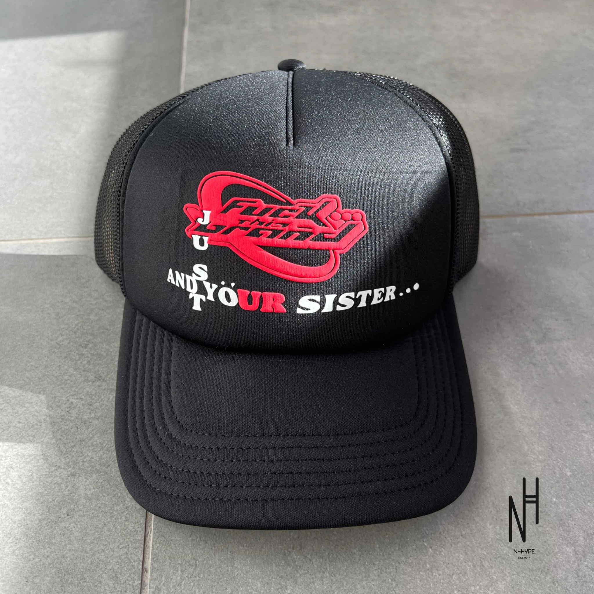 FVCKTHISBRAND a Trucker Hat Black (PUFFY PRINT)