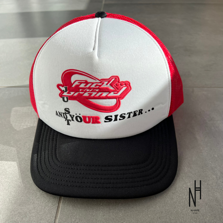 FVCKTHISBRAND a Trucker Hat White/Red (PUFFY PRINT)