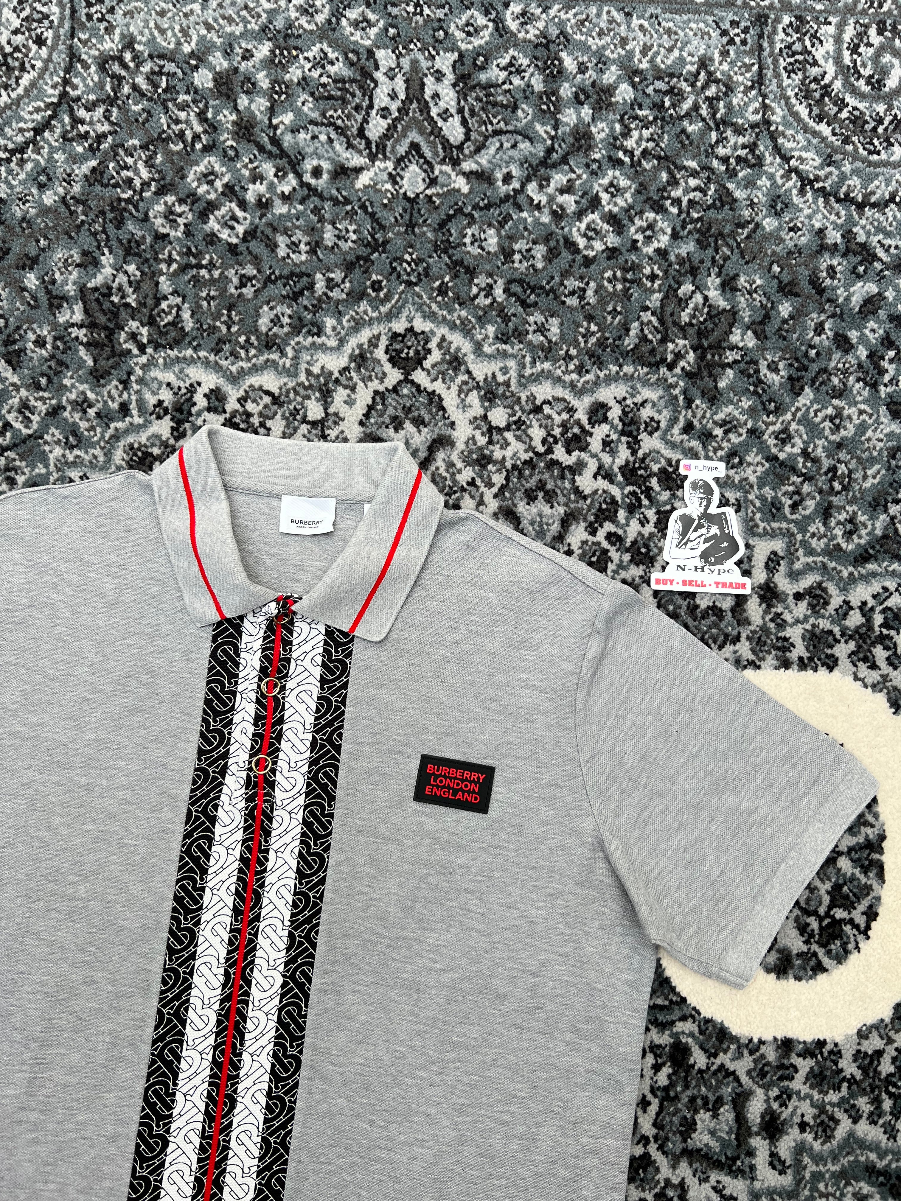 Burberry Monogram Stripe Print Polo Shirt Grey