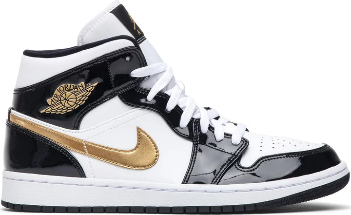 Jordan 1 Mid Patent Black White Gold