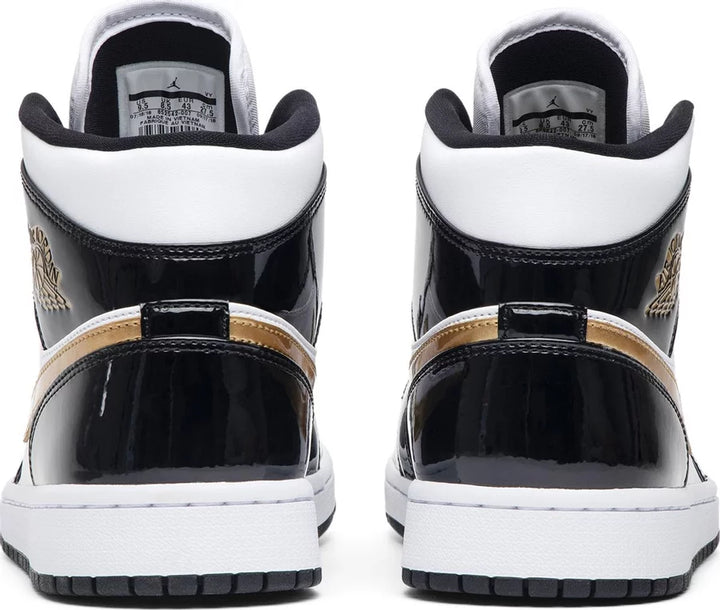 Jordan 1 Mid Patent Black White Gold