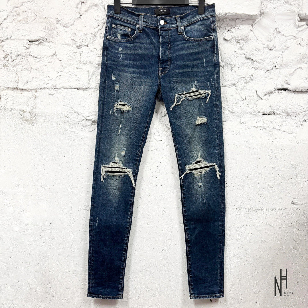 Amiri MX1 Distressed Denim Skinny Jeans Blue N-Hype streetwear jeans.
