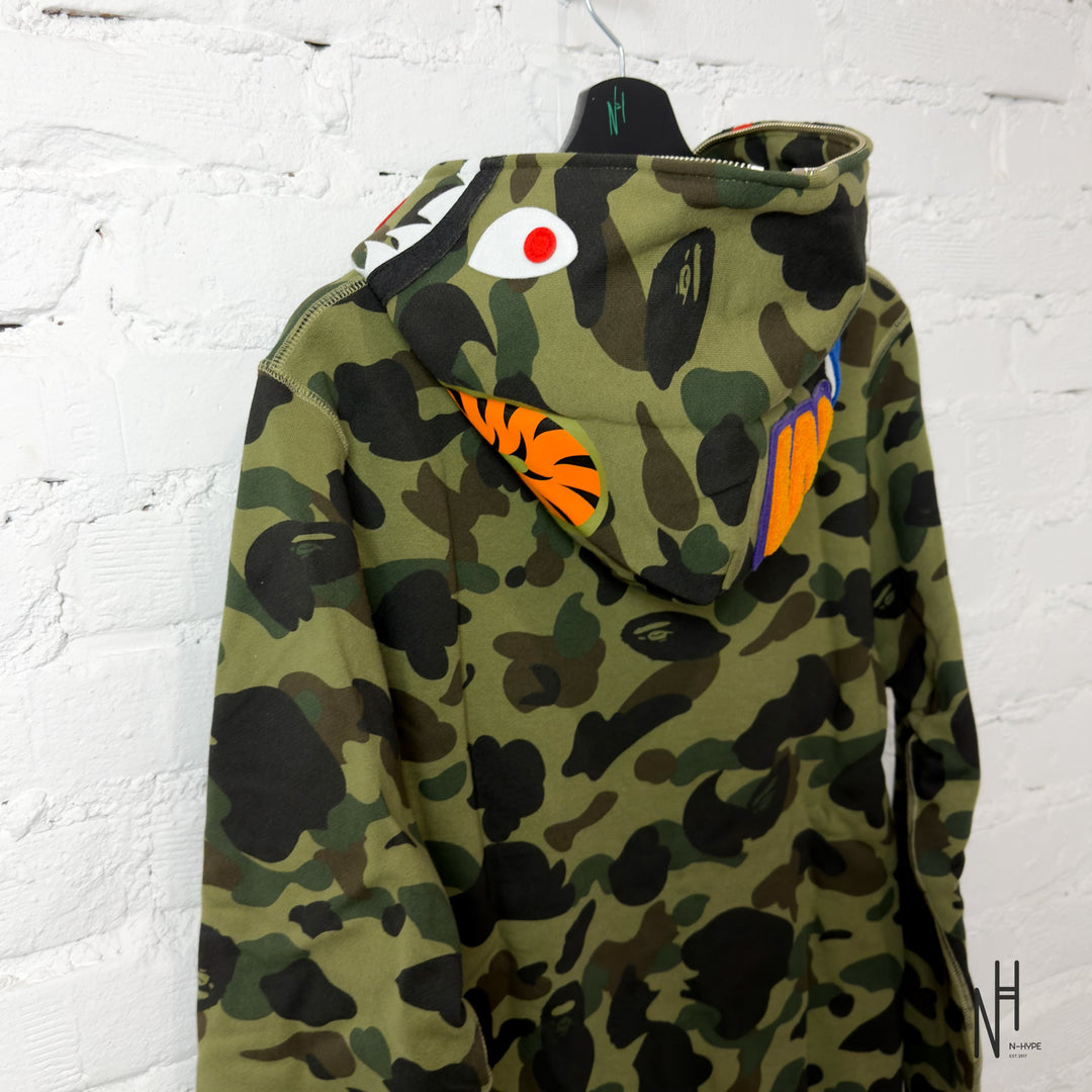 BAPE 1ST Camo Shark Full Zip Hoodie Green N-Hype streetwear hoodie.