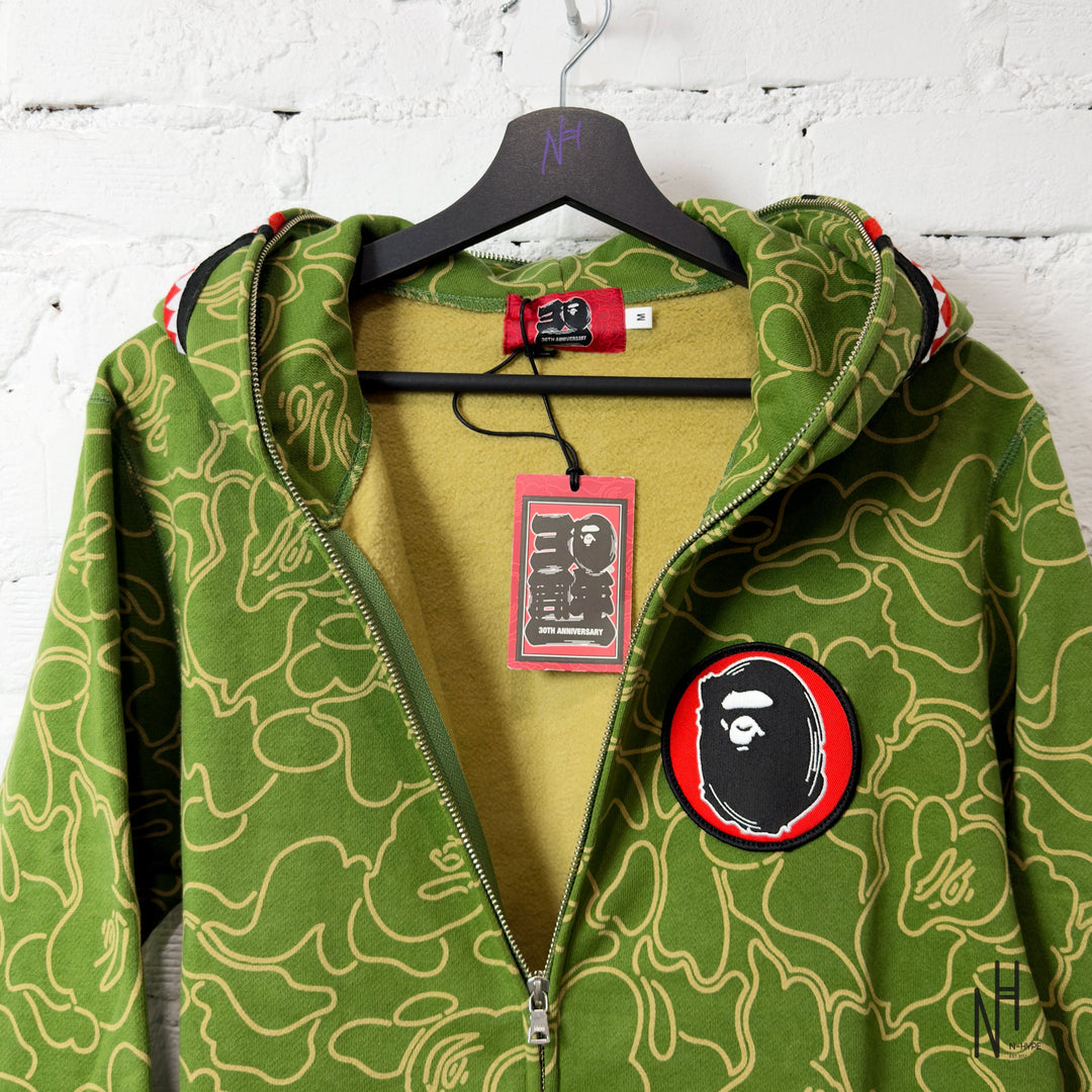BAPE 30th Anniversary Line Camo Shark Full Zip Hoodie Green N-Hype men's streetwear sweatshirt