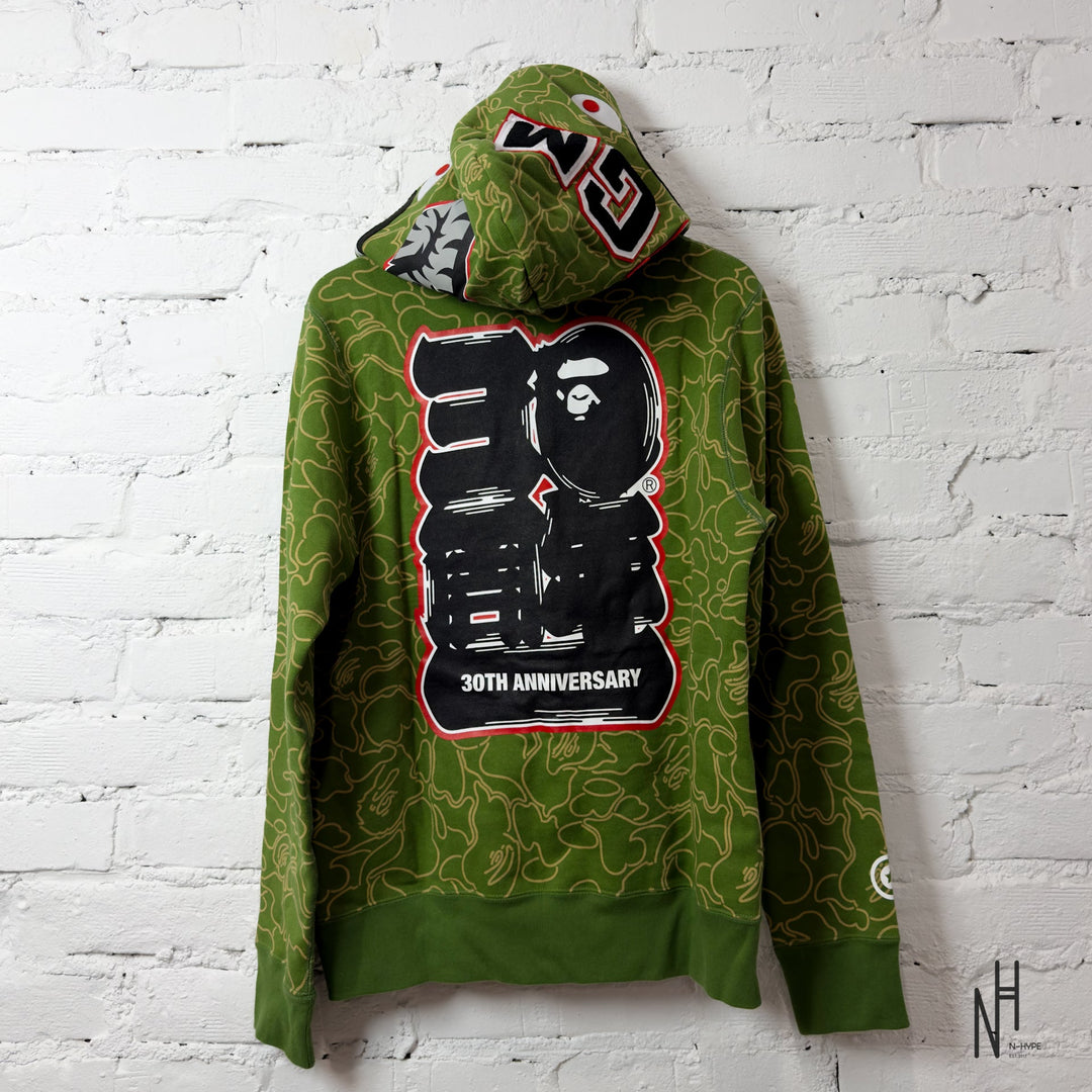 BAPE 30th Anniversary Line Camo Shark Full Zip Hoodie Green N-Hype streetwear hoodie.