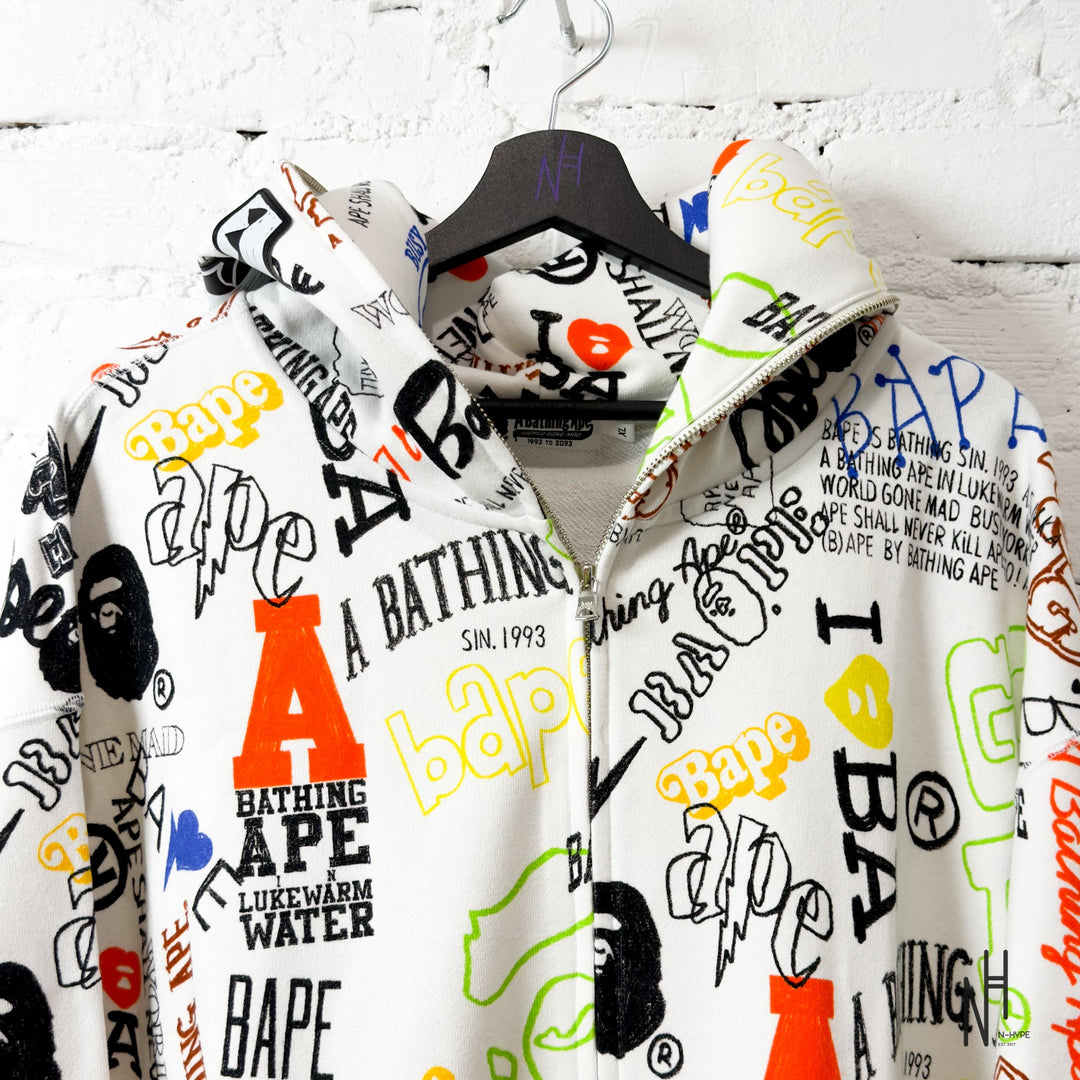 BAPE Hand Draw Pattern Shark Zip Hoodie White N-Hype streetwear hoodie sweatshirt White Shark design.