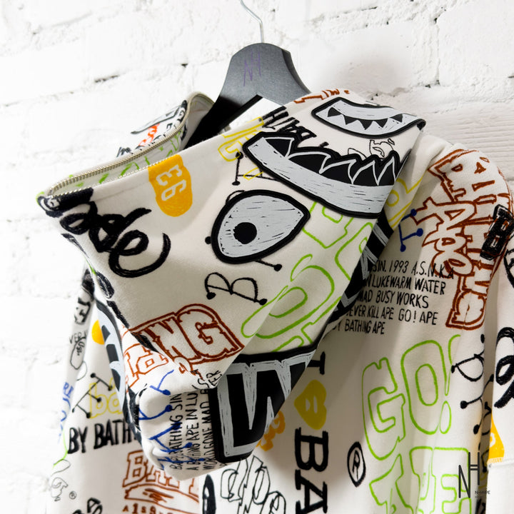 BAPE Hand Draw Pattern Shark Zip Hoodie White N-Hype streetwear sweatshirt urban fashion.