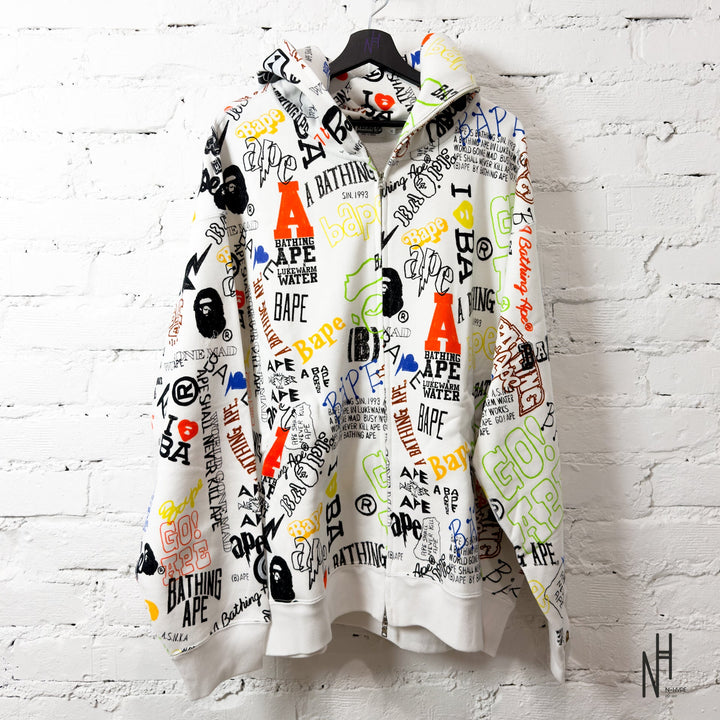 BAPE Hand Draw Pattern Shark Zip Hoodie White N-Hype streetwear sweatshirt