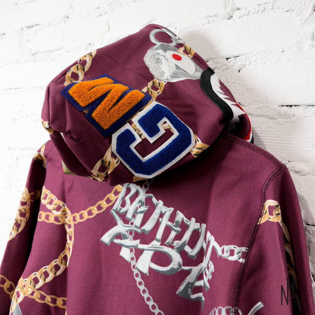 BAPE Jewels Shark Full Zip Hoodie Burgundy N-Hype streetwear hoodie.