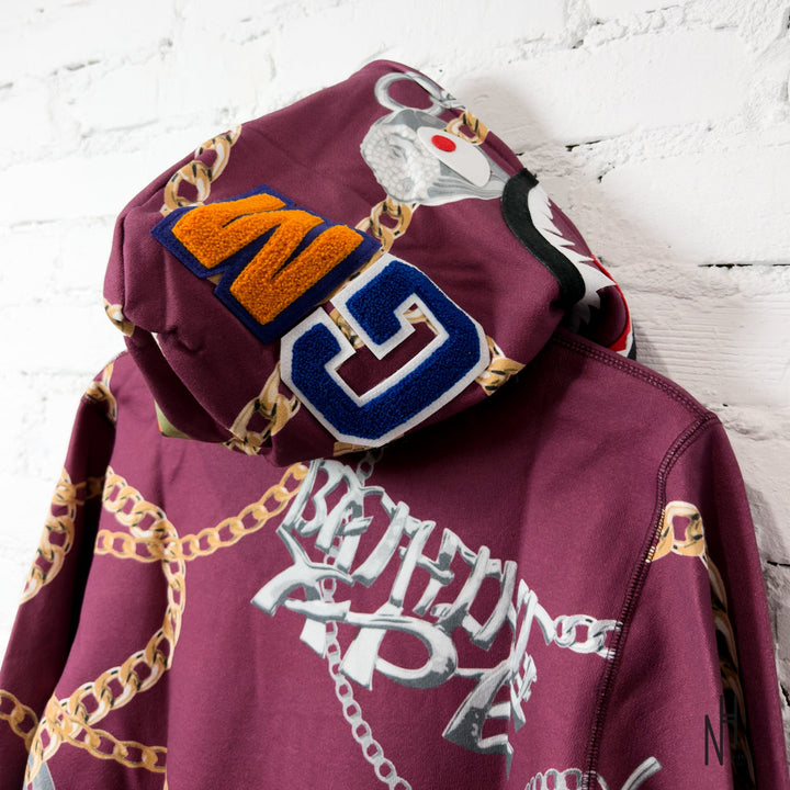 BAPE Jewels Shark Full Zip Hoodie Burgundy N-Hype streetwear hoodie.