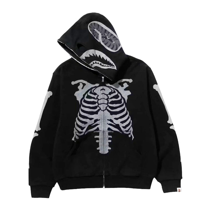BAPE Skeleton Shark Heavy Washed Cropped Fit Full Zip Hoodie Black - zdjęcie 2 - N-Hype