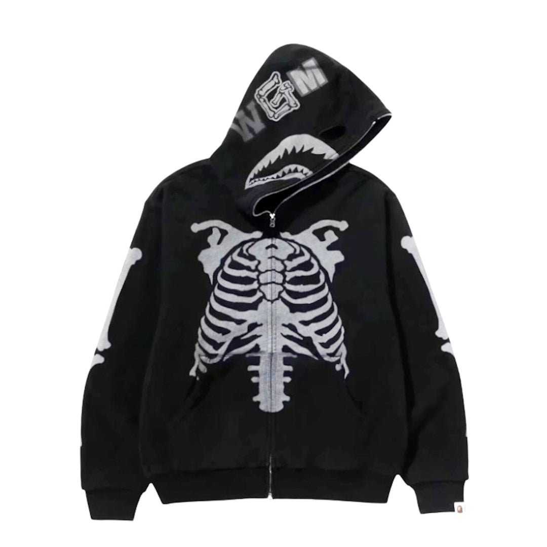 BAPE Skeleton Shark Heavy Washed Cropped Fit Full Zip Hoodie Black - N-Hype