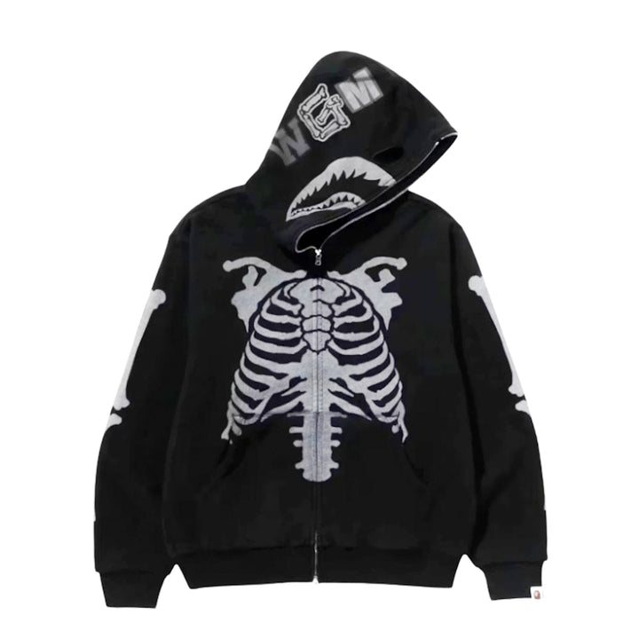 BAPE Skeleton Shark Heavy Washed Cropped Fit Full Zip Hoodie Black - N-Hype