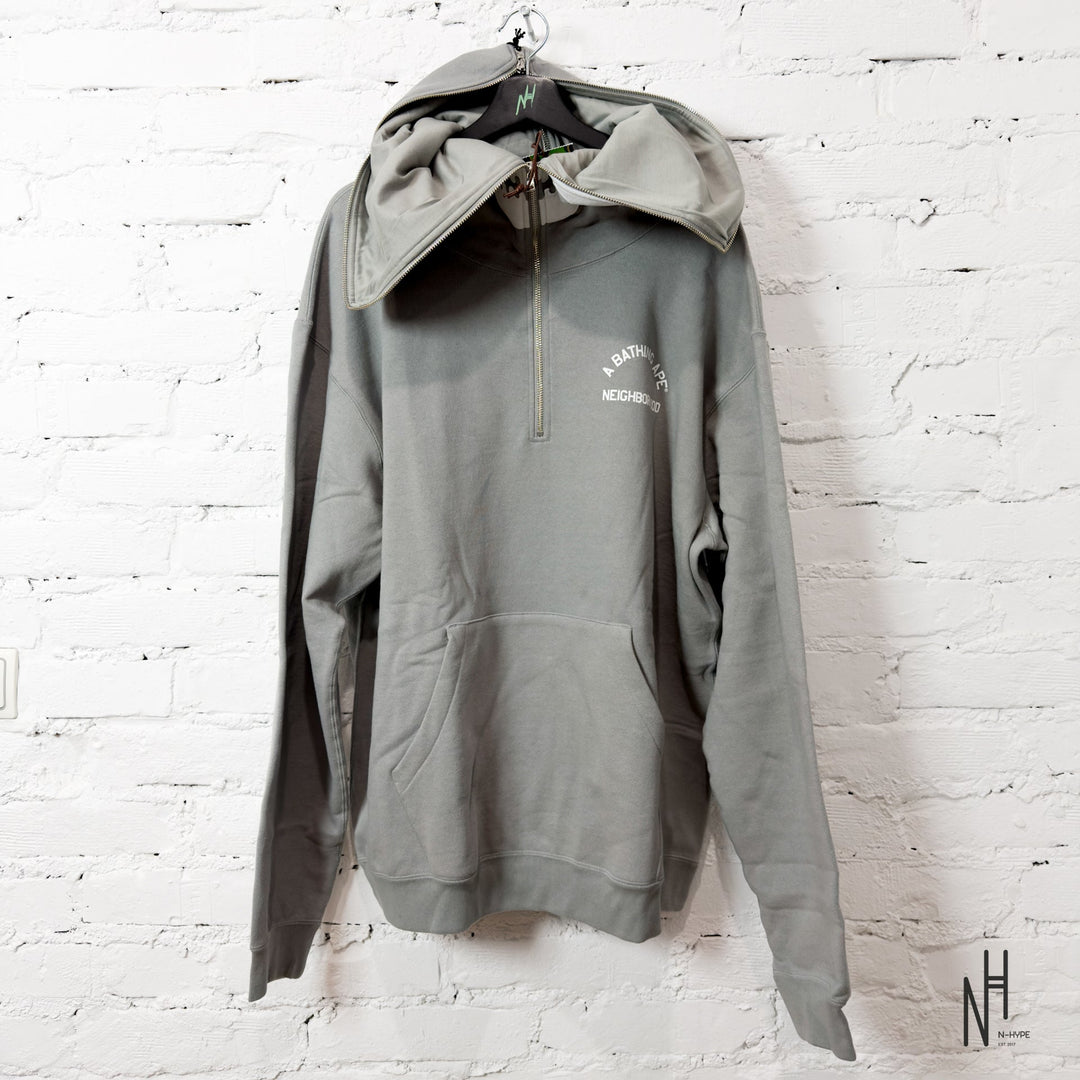 BAPE x Neighborhood Two Face Half Zip Pullover Hoodie Gray N-Hype streetwear fashion sweatshirt.