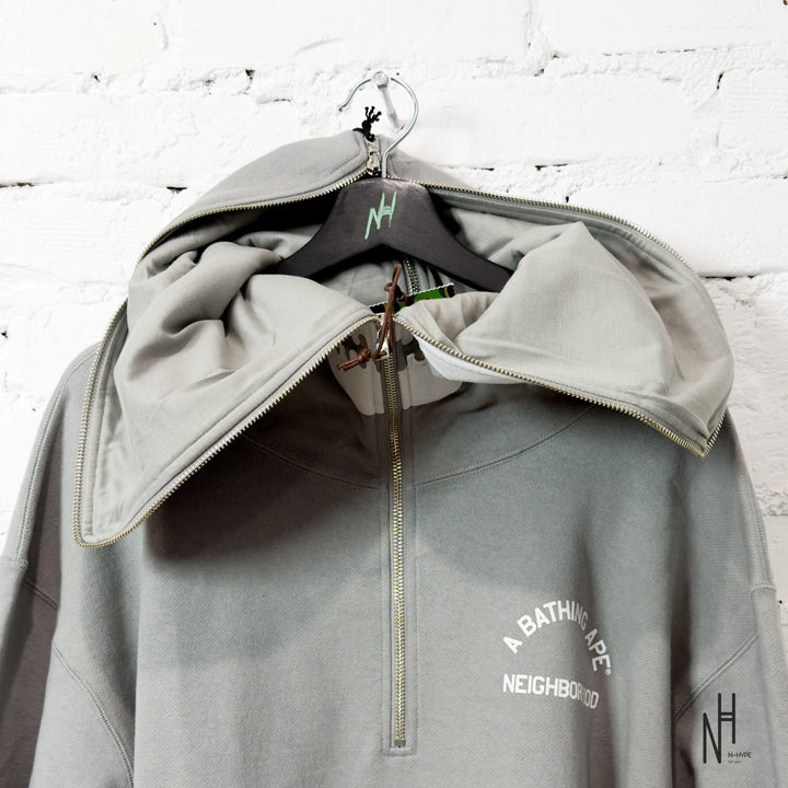 BAPE x Neighborhood Two Face Half Zip Pullover Hoodie Gray N-Hype Streetwear Fashion Sweatshirt