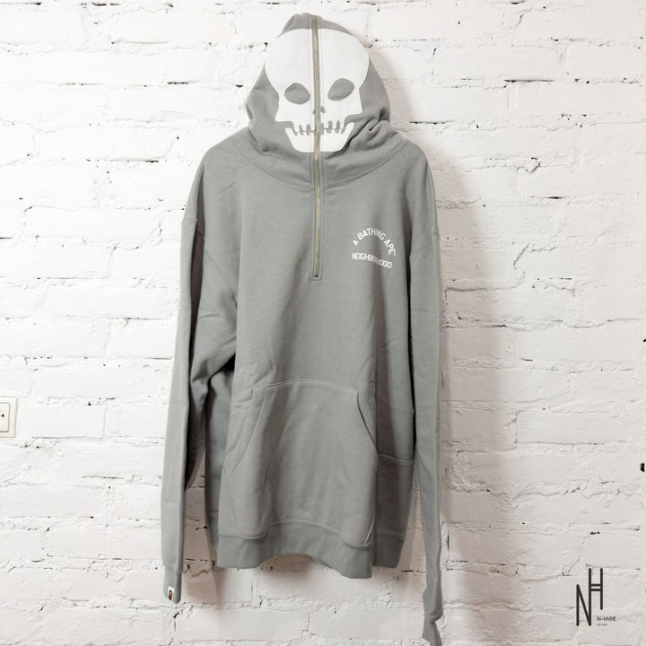 BAPE x Neighborhood Two Face Half Zip Pullover Hoodie Gray N-Hype streetwear sweatshirt.